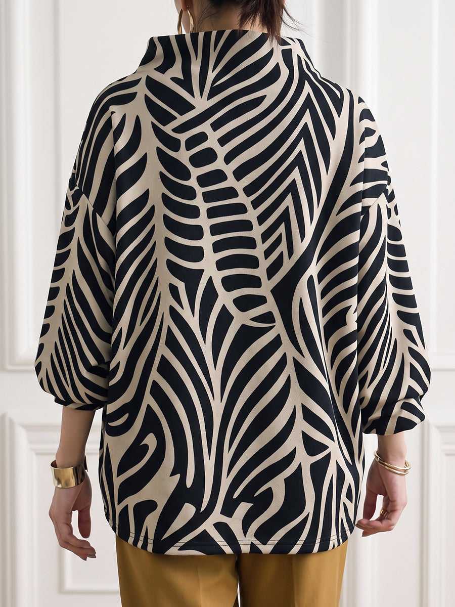 Women's black and white geometric high-neck sweatshirt with long sleeves