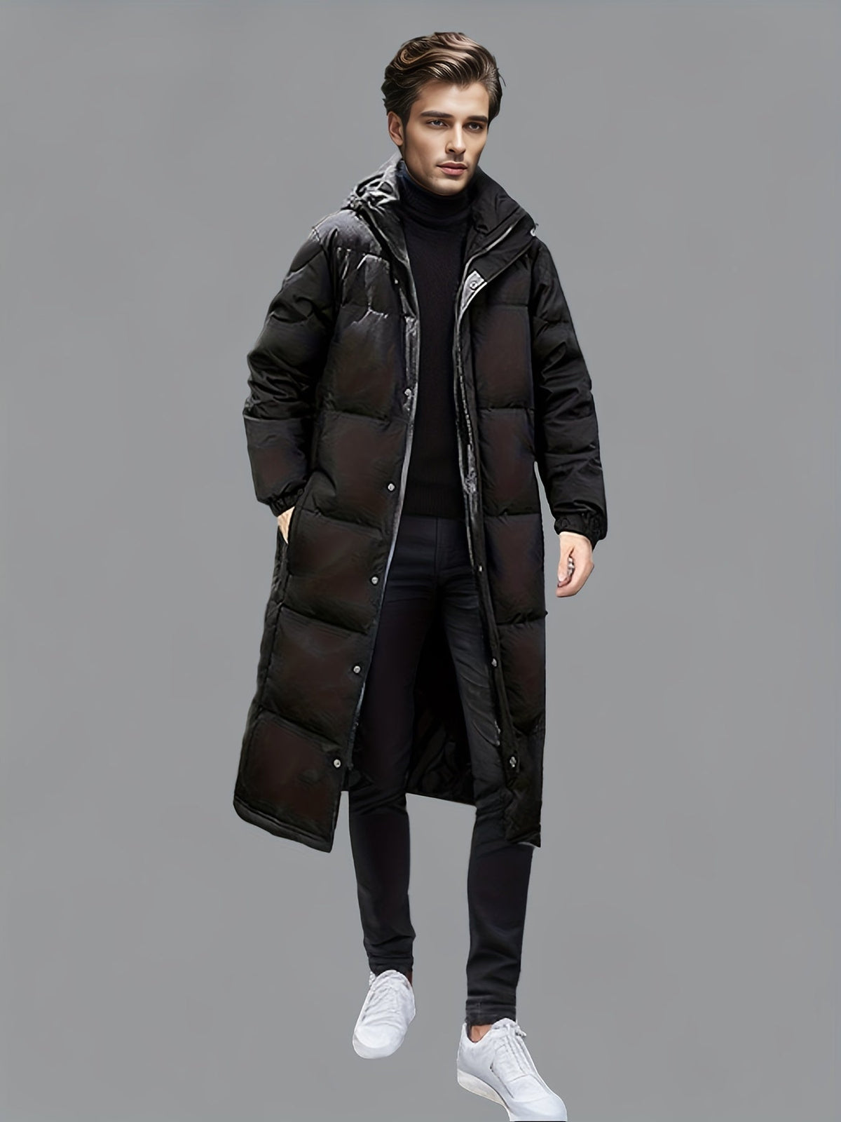 Men's black long hooded puffer coat with quilted panels and front zip