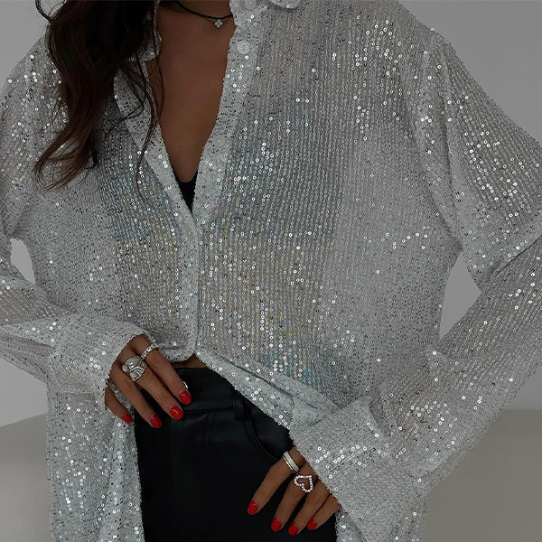 Women's long-sleeve sequin blouse with open collar and button front
