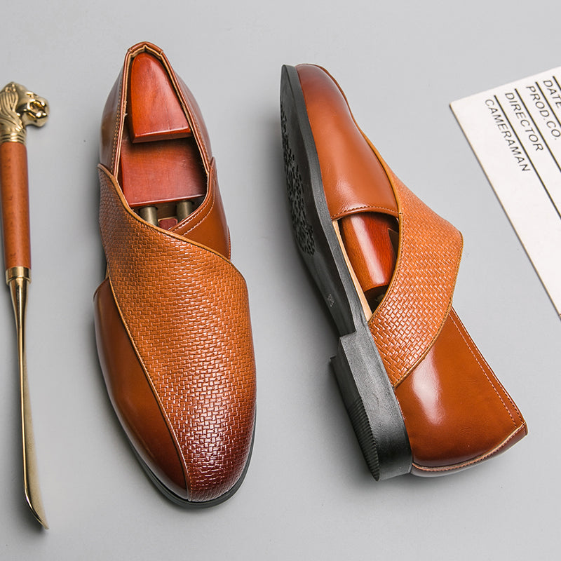 Men's two-tone textured slip-on loafer with rounded toe and flat sole