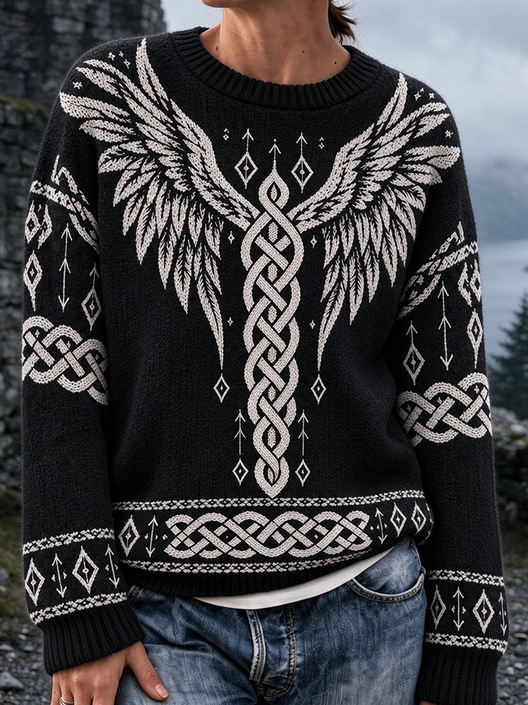 Women's black jumper with contrasting Celtic knot and wing pattern