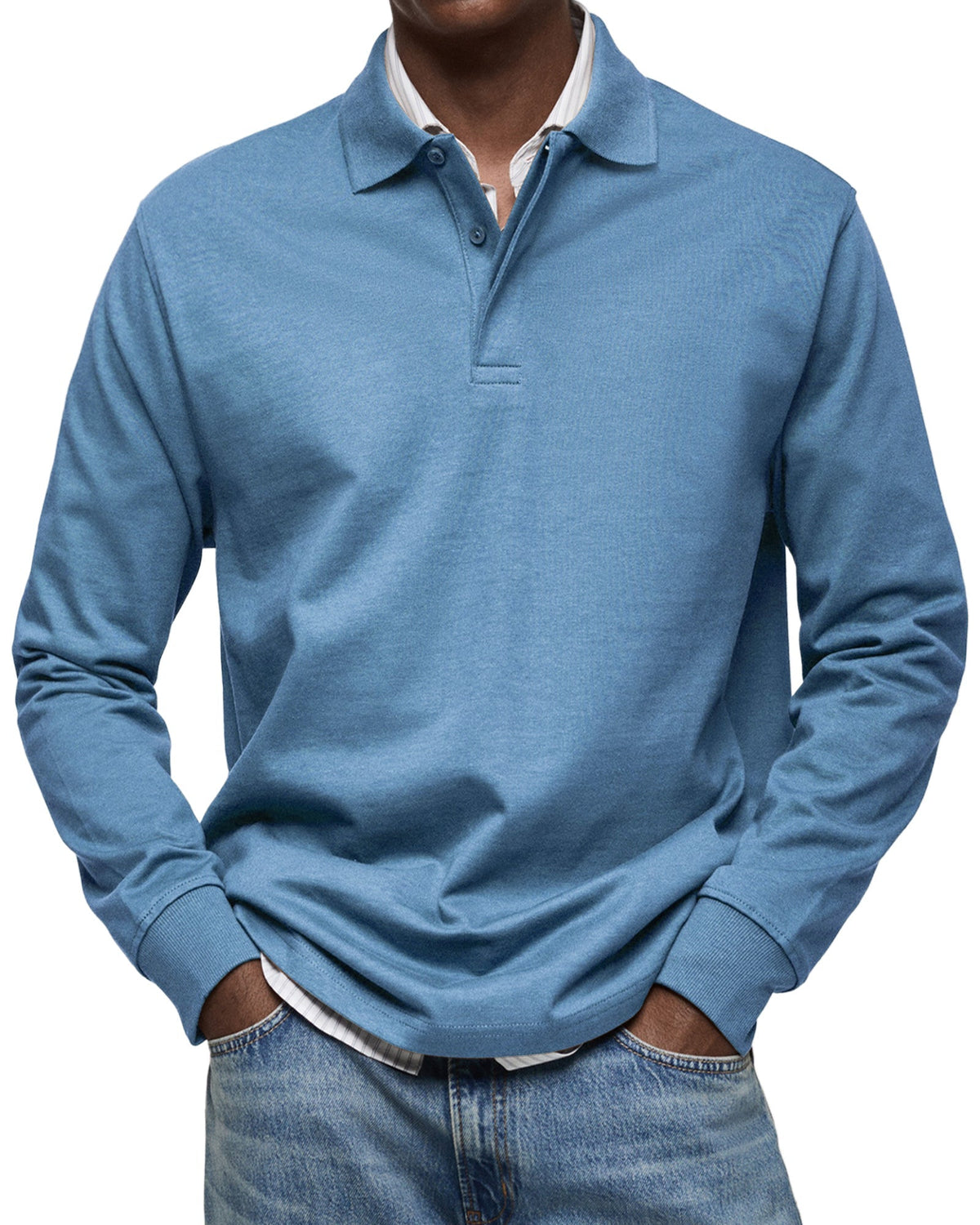 Men's long-sleeve polo jumper with collared neckline and button placket