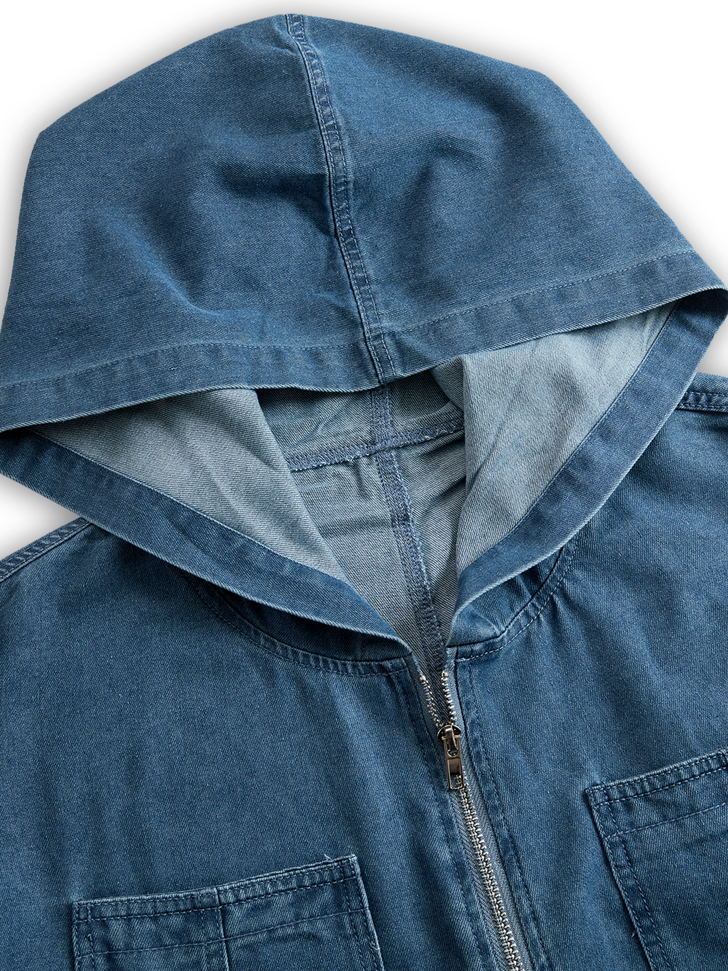 Women's Denim Hooded Zip Jumpsuit Blue Loose Fit Utility