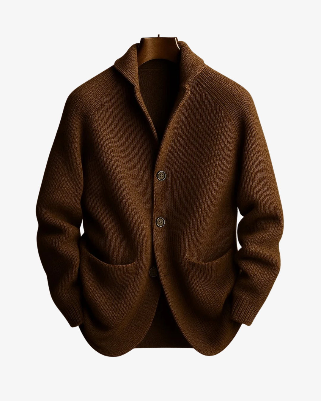 Men's ribbed knit cardigan with shawl collar, button front and two patch pockets