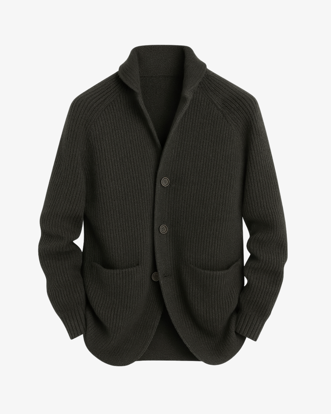 Men's ribbed knit cardigan with shawl collar, button front and two patch pockets