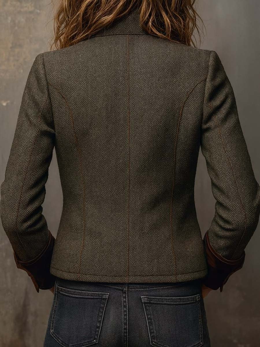 Women's olive herringbone blazer with brown contrast trim, long sleeves and button front