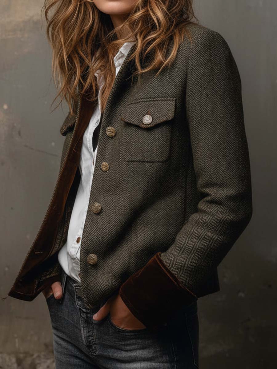 Women's olive herringbone blazer with brown contrast trim, long sleeves and button front