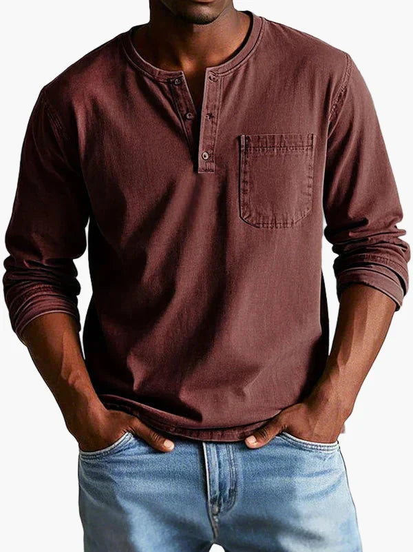 Men's long sleeve Henley shirt with Mandarin collar and chest pocket