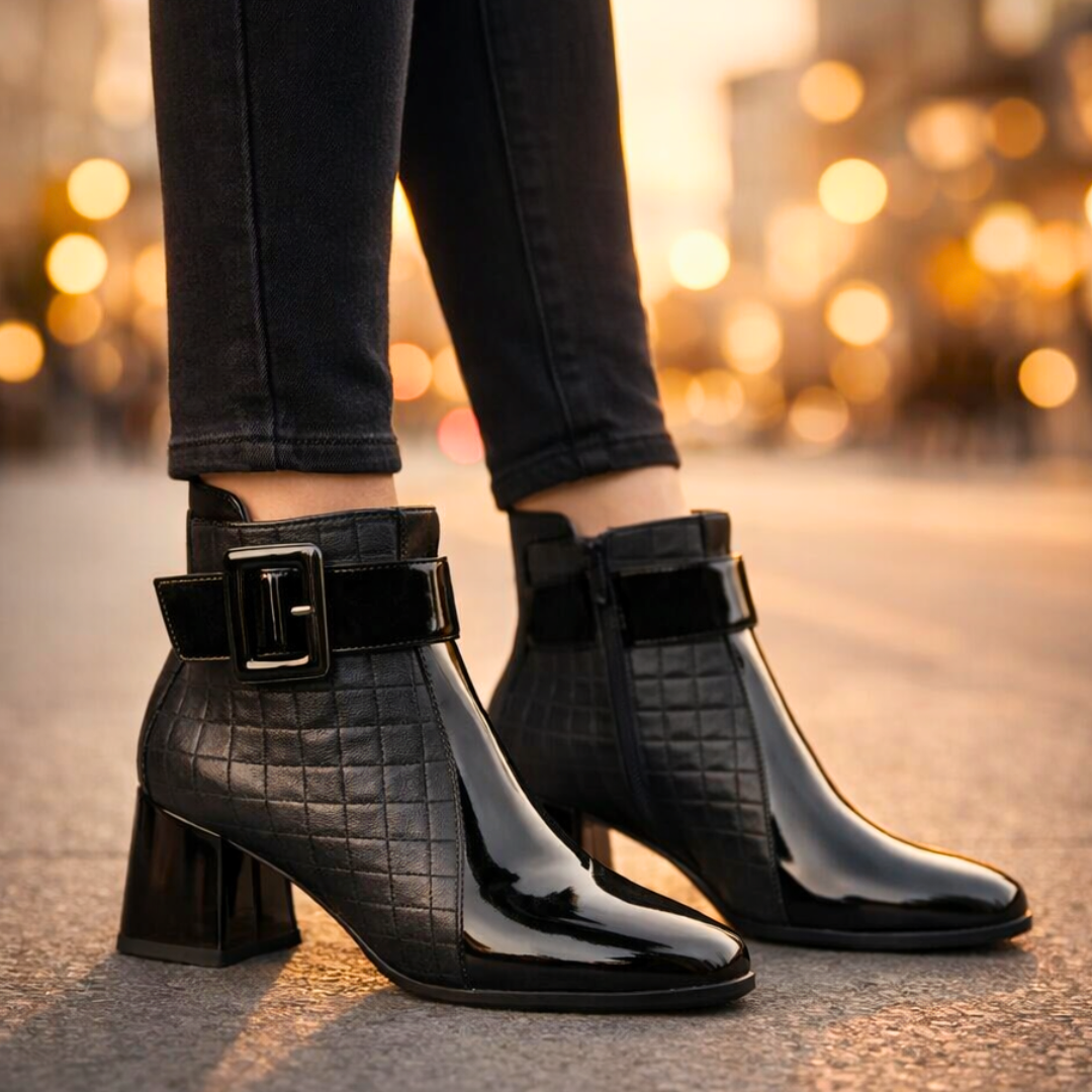 Women's quilted ankle boots with buckle strap, glossy panels and block heel