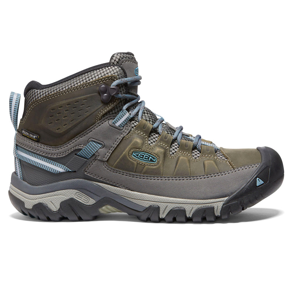 Olive mid-height lace-up hiking boots with dark grey panels and lugged soles