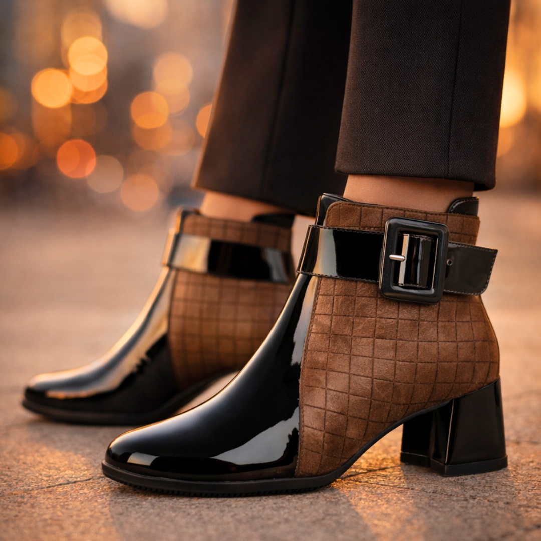 Women's quilted ankle boots with buckle strap, glossy panels and block heel