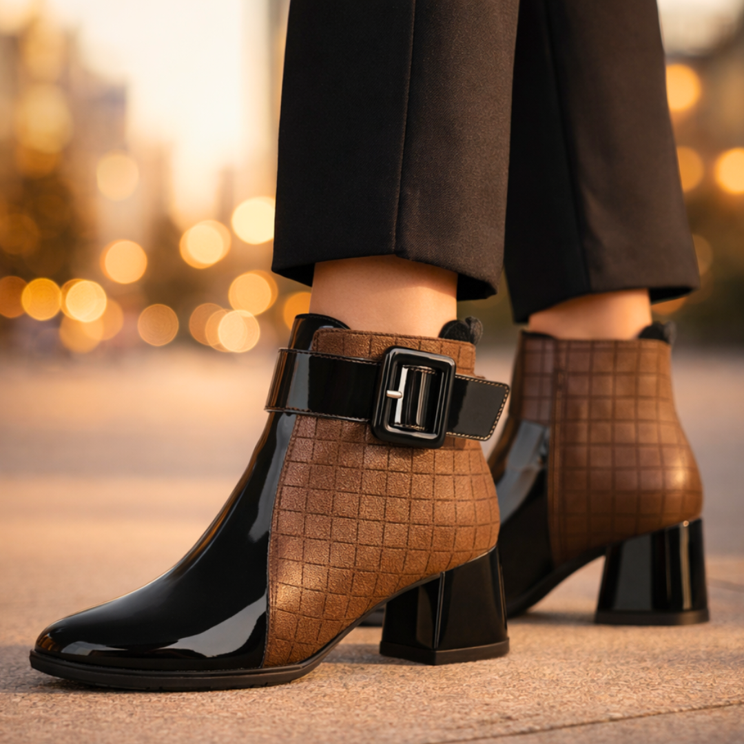 Women's quilted ankle boots with buckle strap, glossy panels and block heel