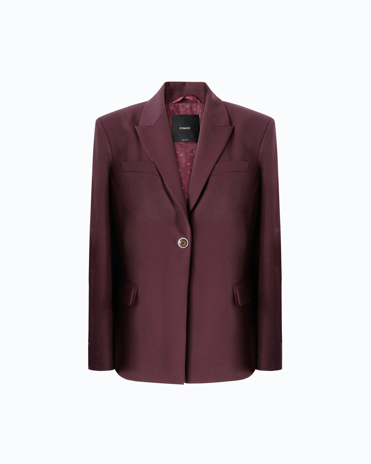 Women's burgundy tailored blazer with notched lapels and flap pockets