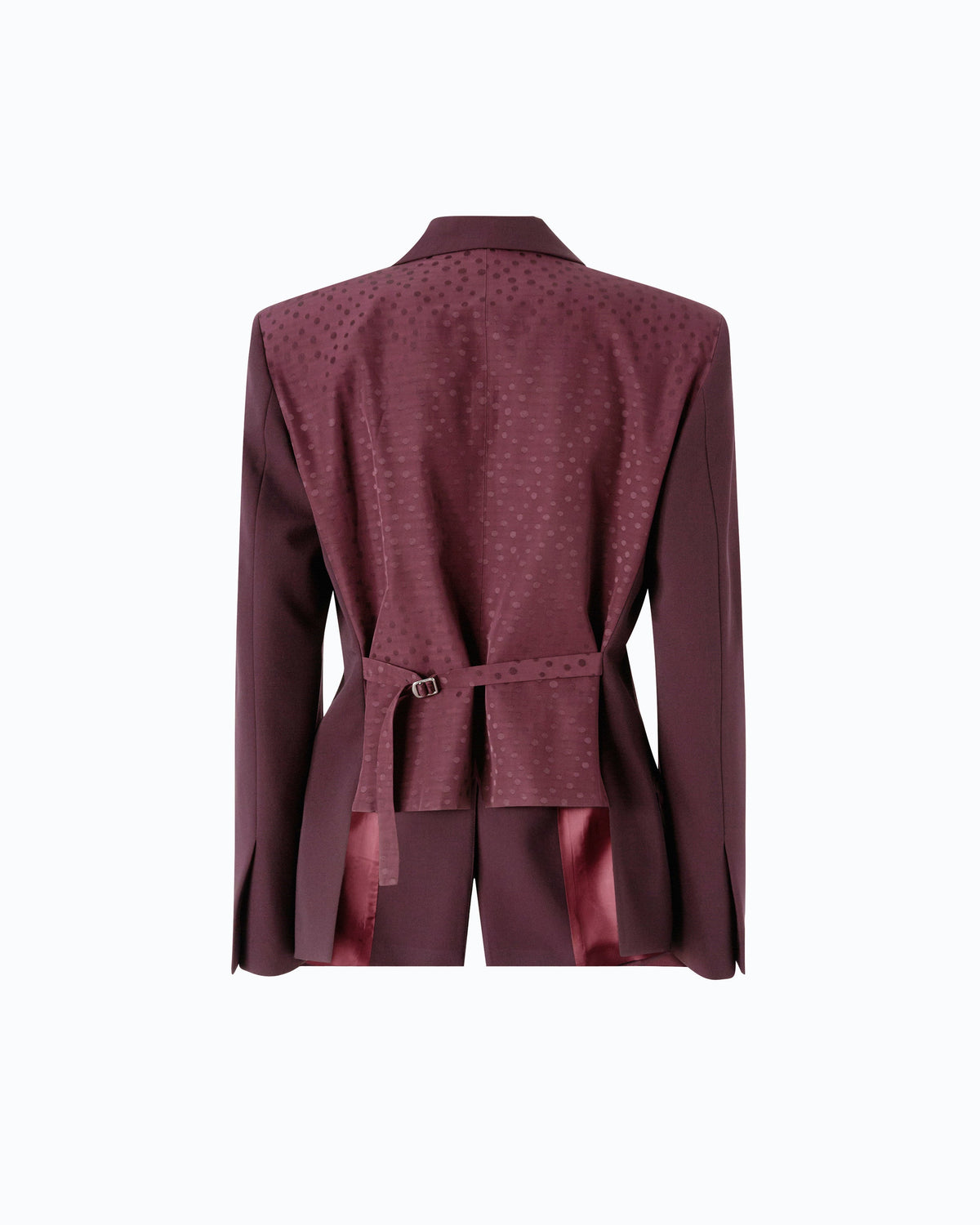 Women's burgundy tailored blazer with notched lapels and flap pockets