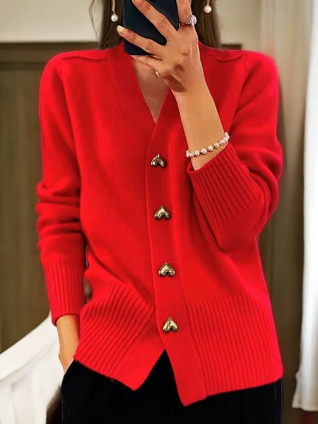 Women's V-neck cardigan with long sleeves and gold heart buttons