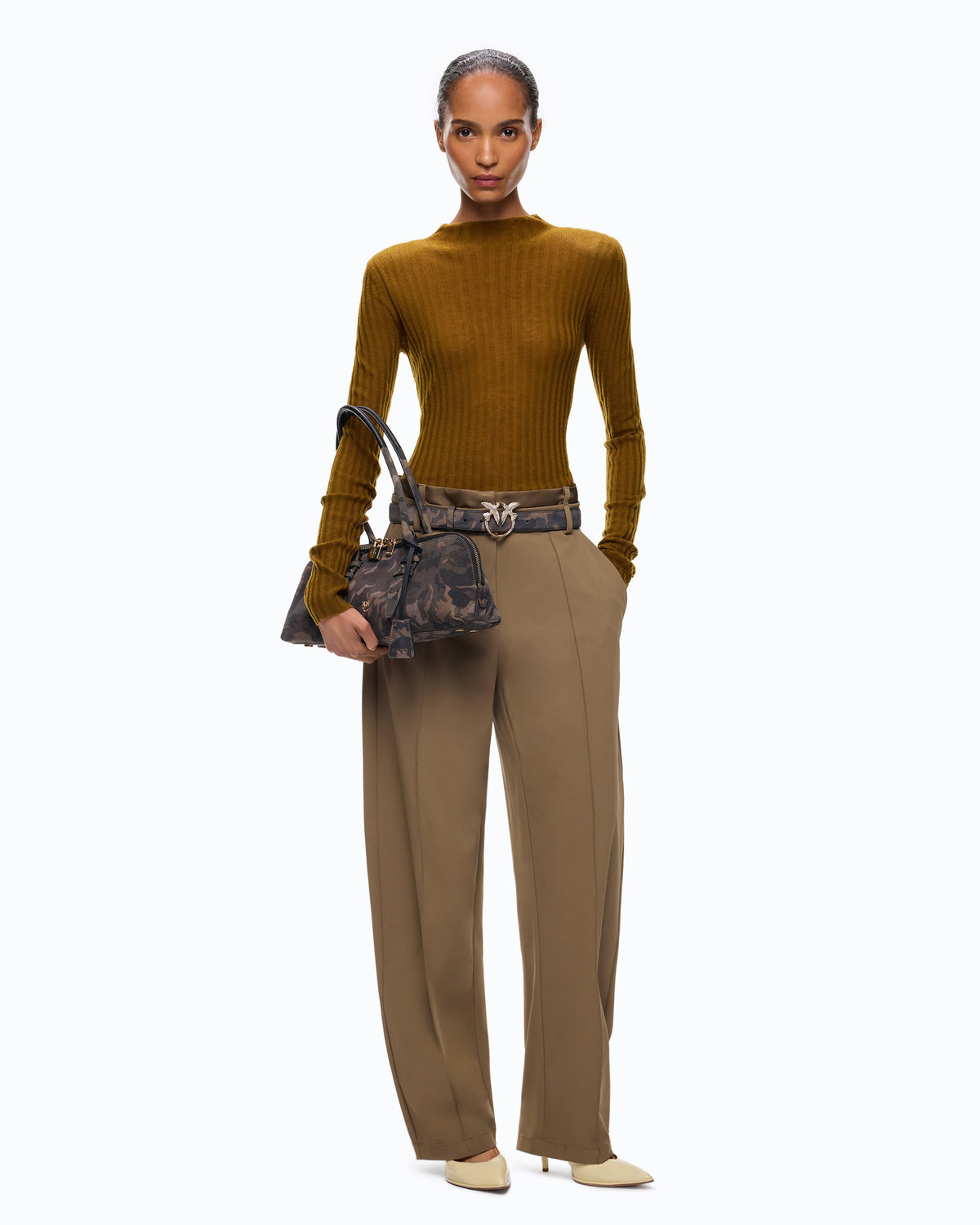 Women's brown ribbed mock neck jumper with long sleeves