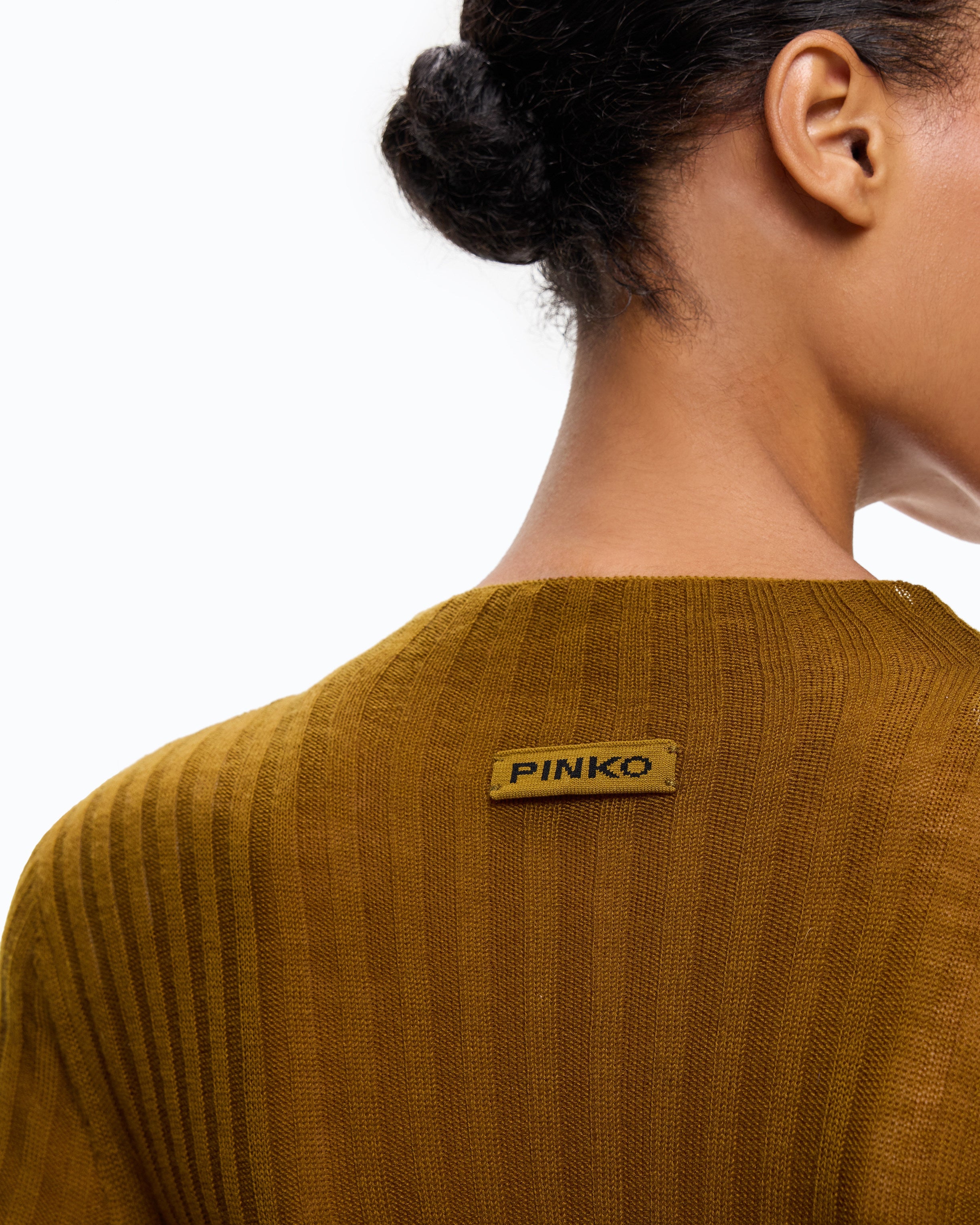 Women's brown ribbed mock neck jumper with long sleeves