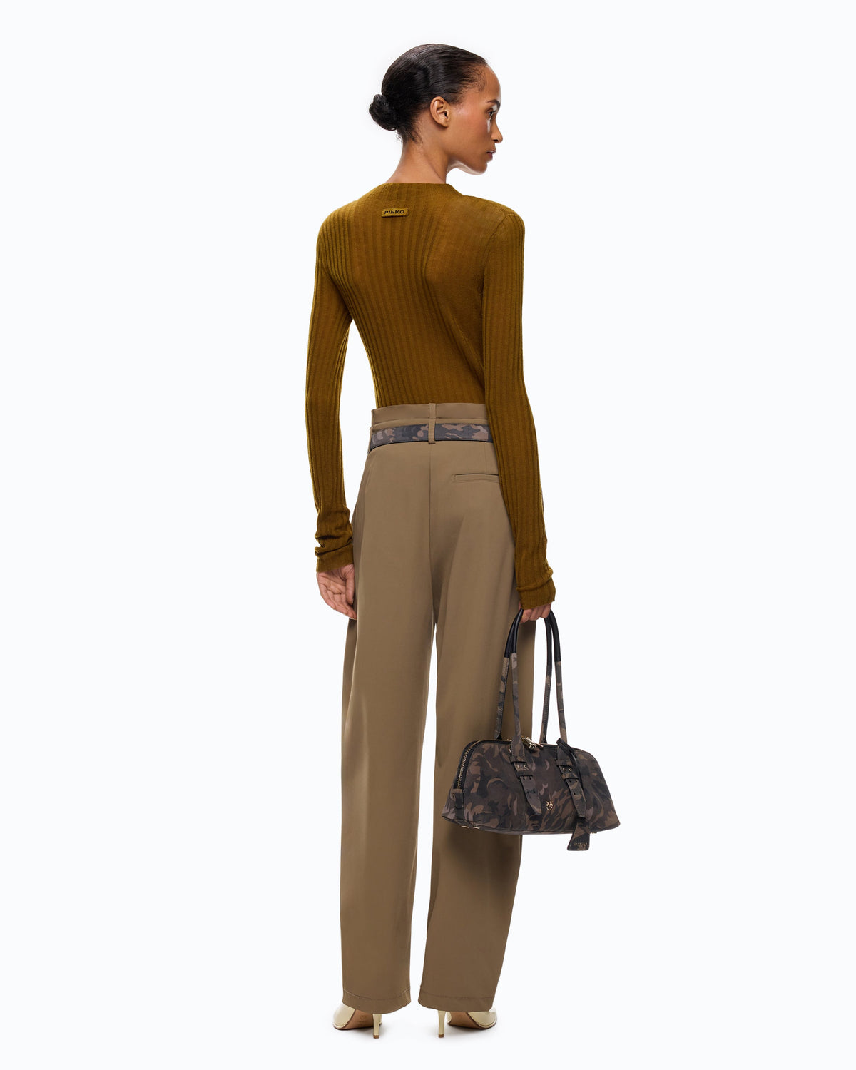 Women's brown ribbed mock neck jumper with long sleeves