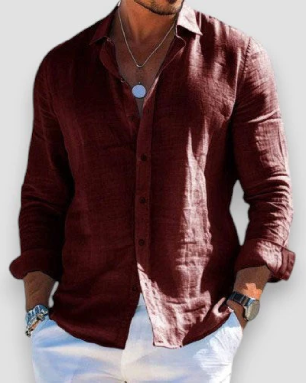 Men's plain long-sleeve button shirt with collared neckline and rolled cuffs