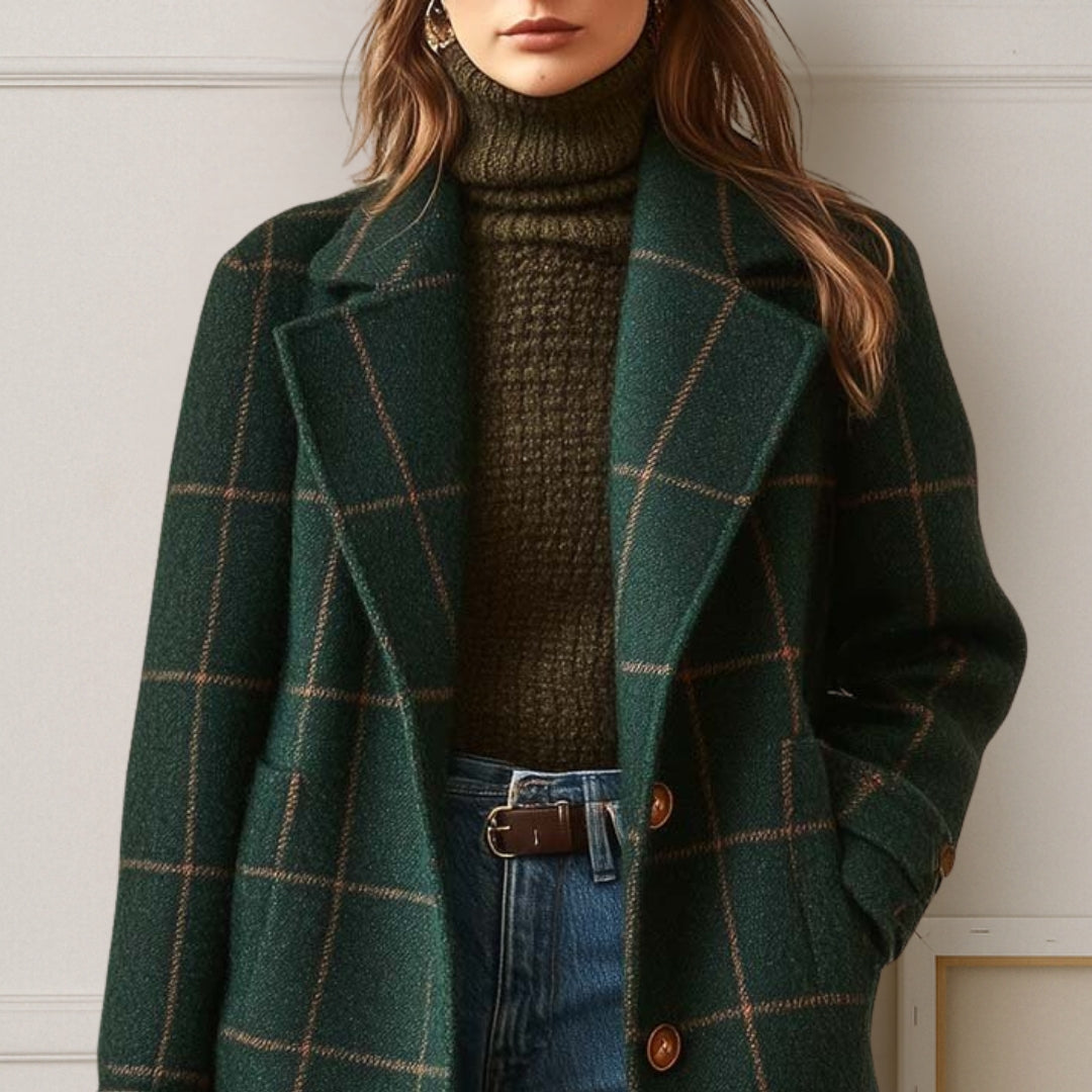 Women's long checked plaid coat with notched lapels and button front