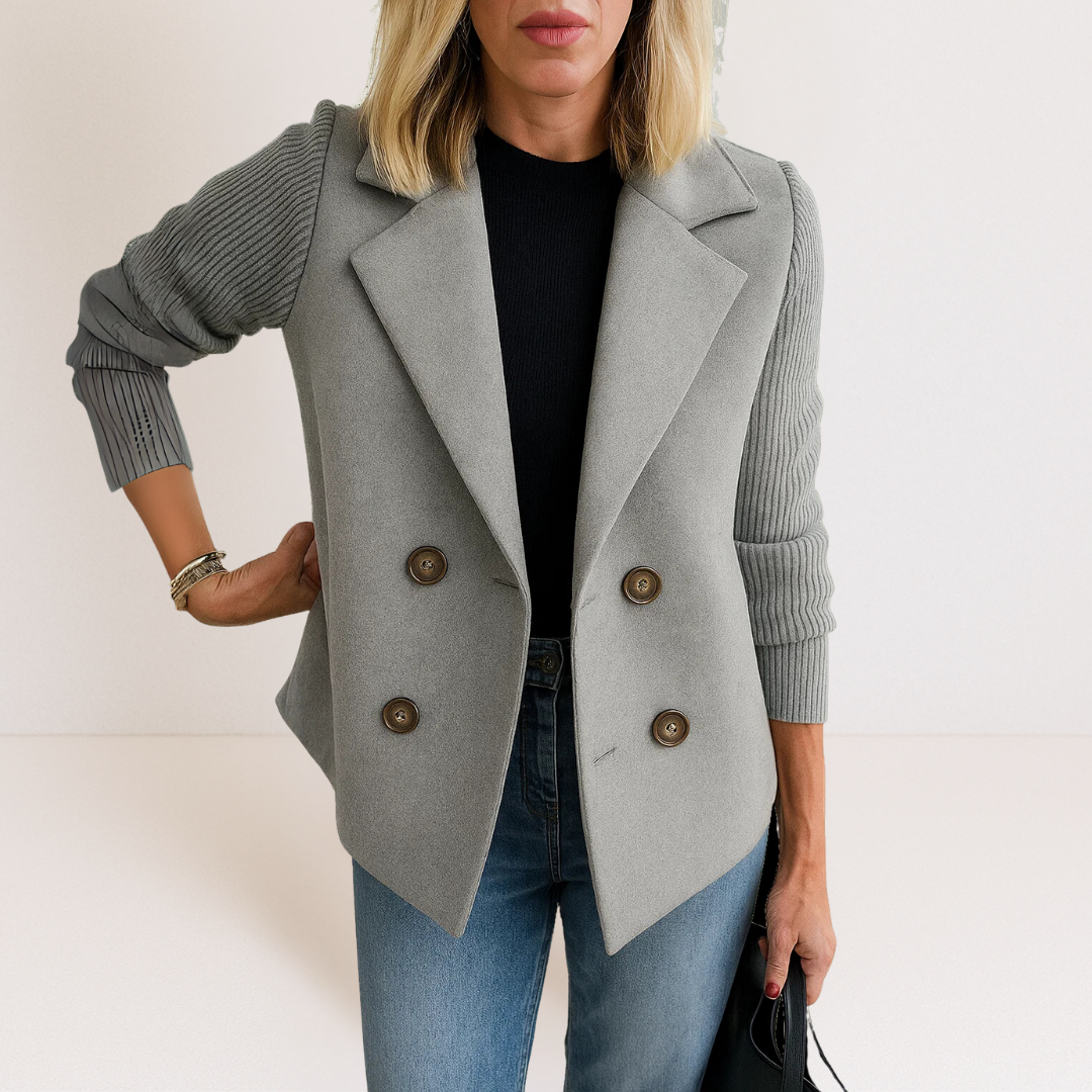 Women's double-breasted blazer with ribbed sleeves and notched lapels