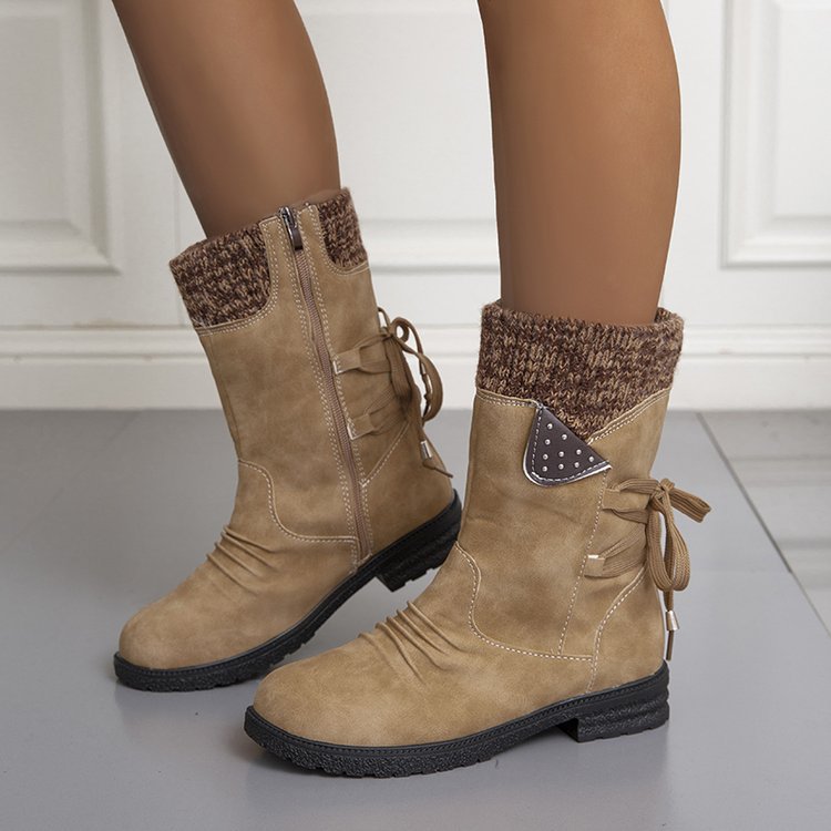 Women's mid-calf boots with side zips, lace-up detail, knitted cuffs and low heels