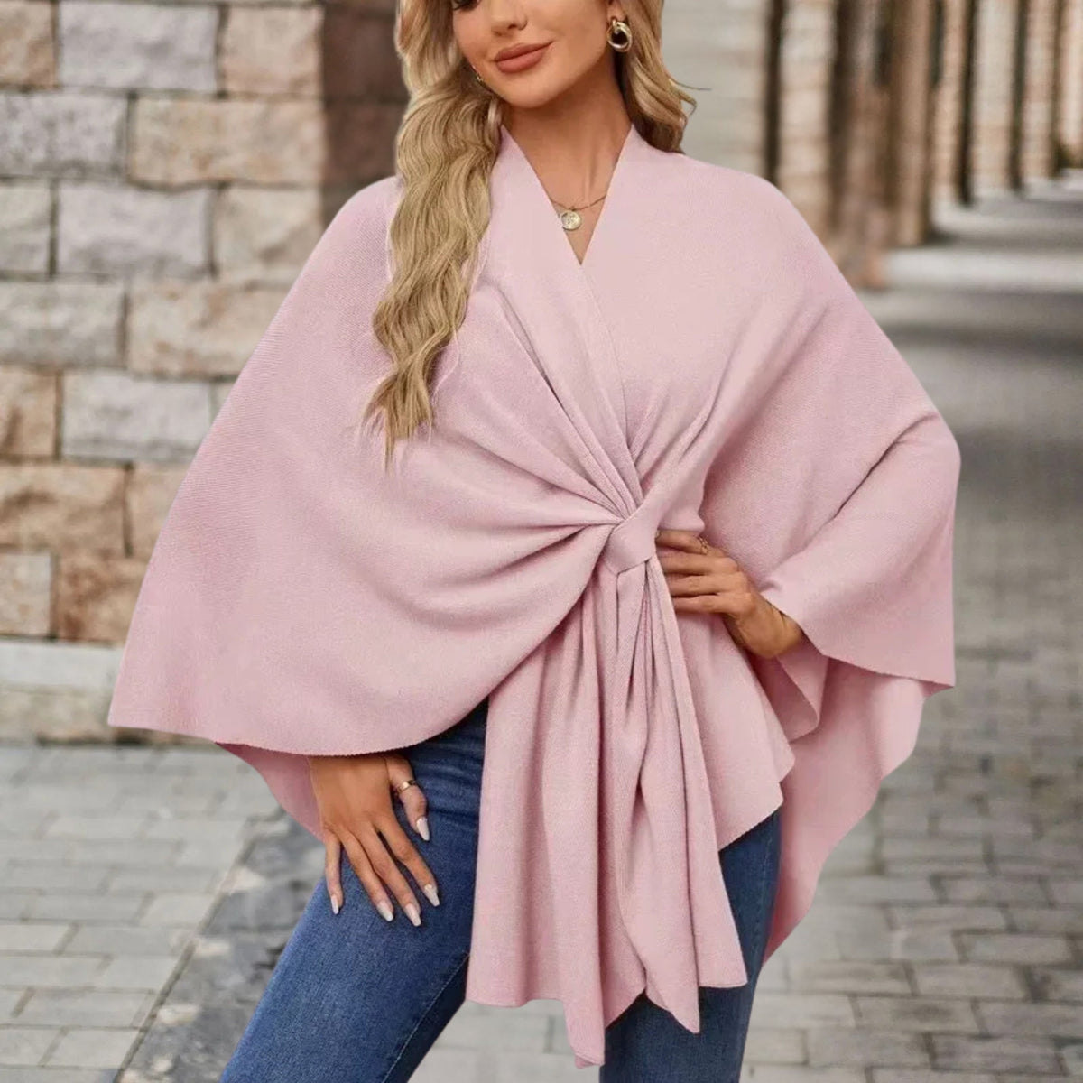 Women's batwing draped cape coat with tie waist and V-neckline