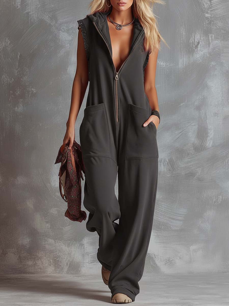 Women's Zip Jumpsuit Hooded Sleeveless Relaxed Fit Utility
