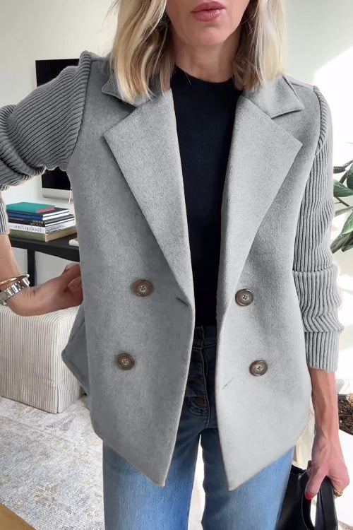 Women's double-breasted blazer with ribbed knit sleeves and notched lapels