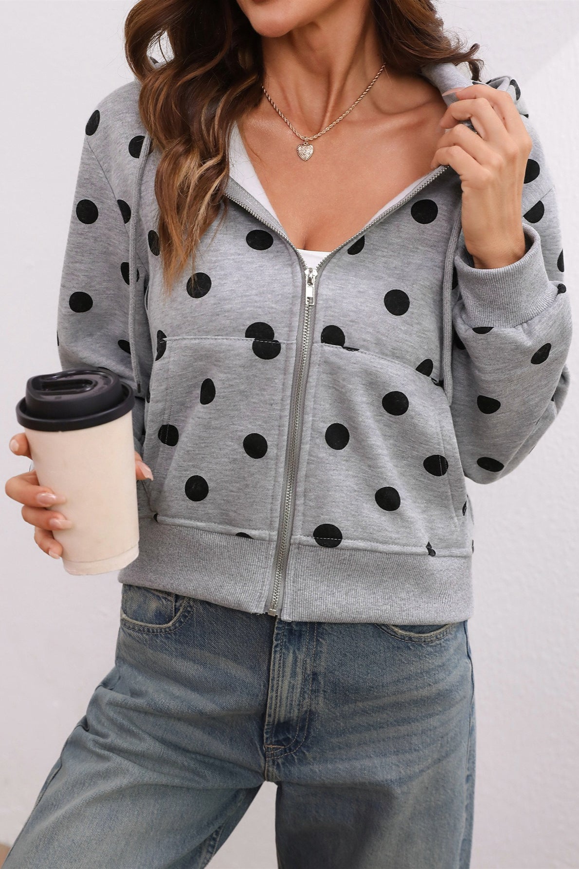 Women's cropped polka dot hoodie with hood, long sleeves and front zip