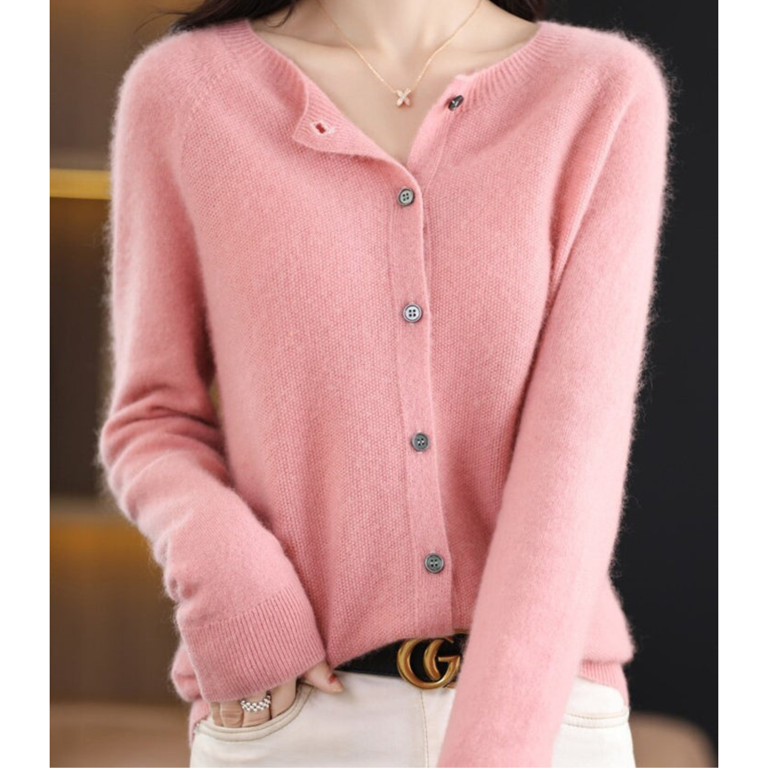 Women's Cardigan Merino Wool V-Neck Long Sleeve - Light Pink