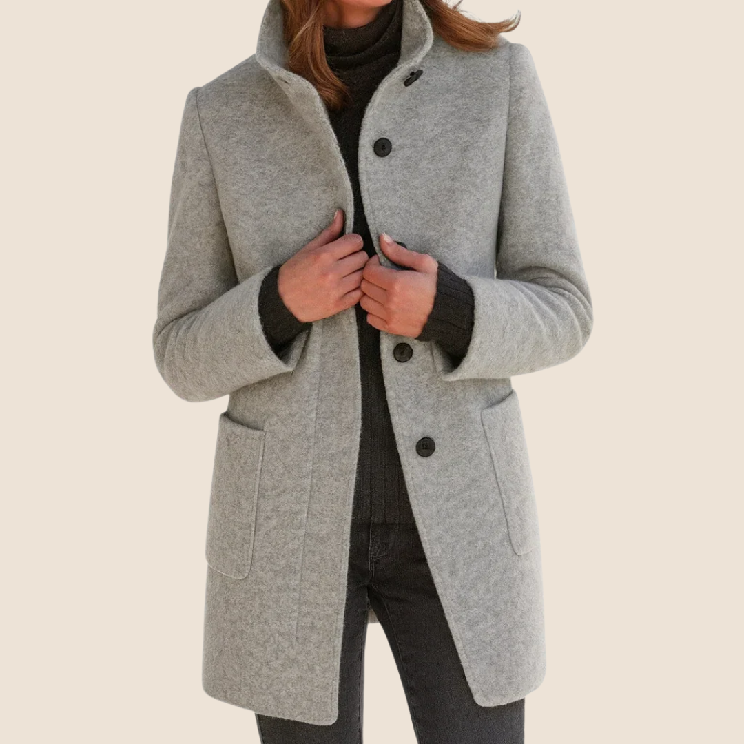 Women's structured button front coat with stand collar and patch pockets
