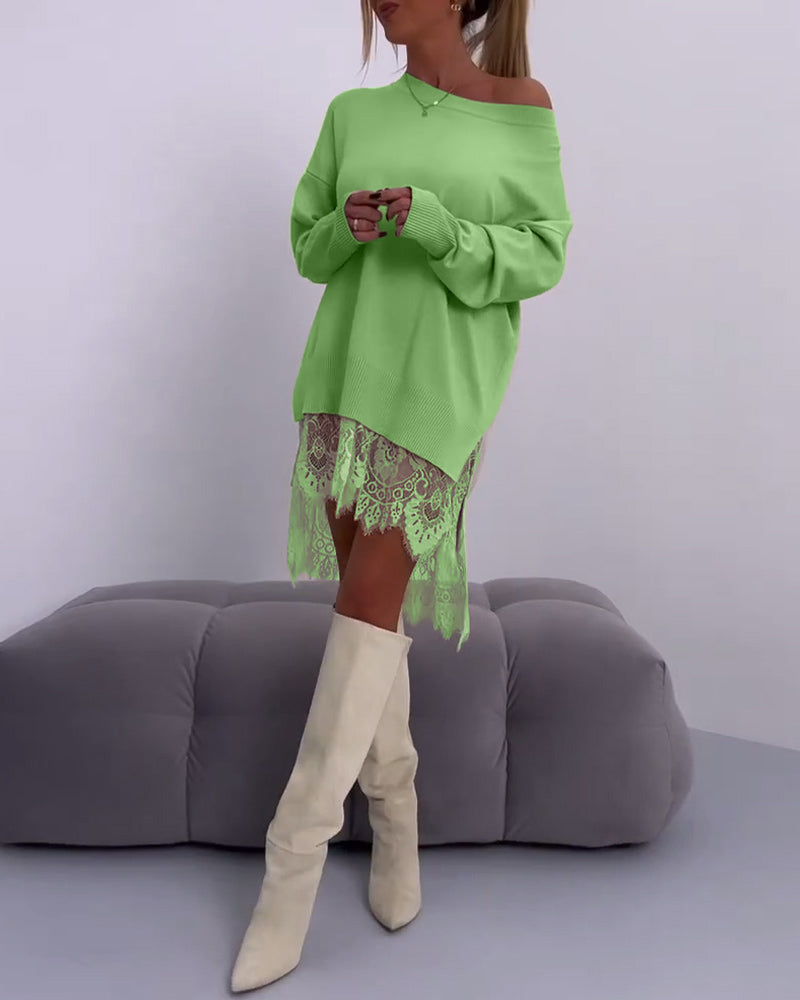 Women's off shoulder long sleeve jumper with scalloped lace trim hem