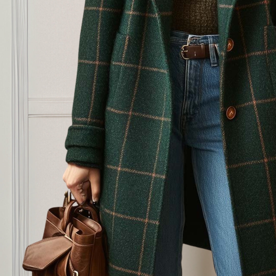 Women's long checked plaid coat with notched lapels and button front