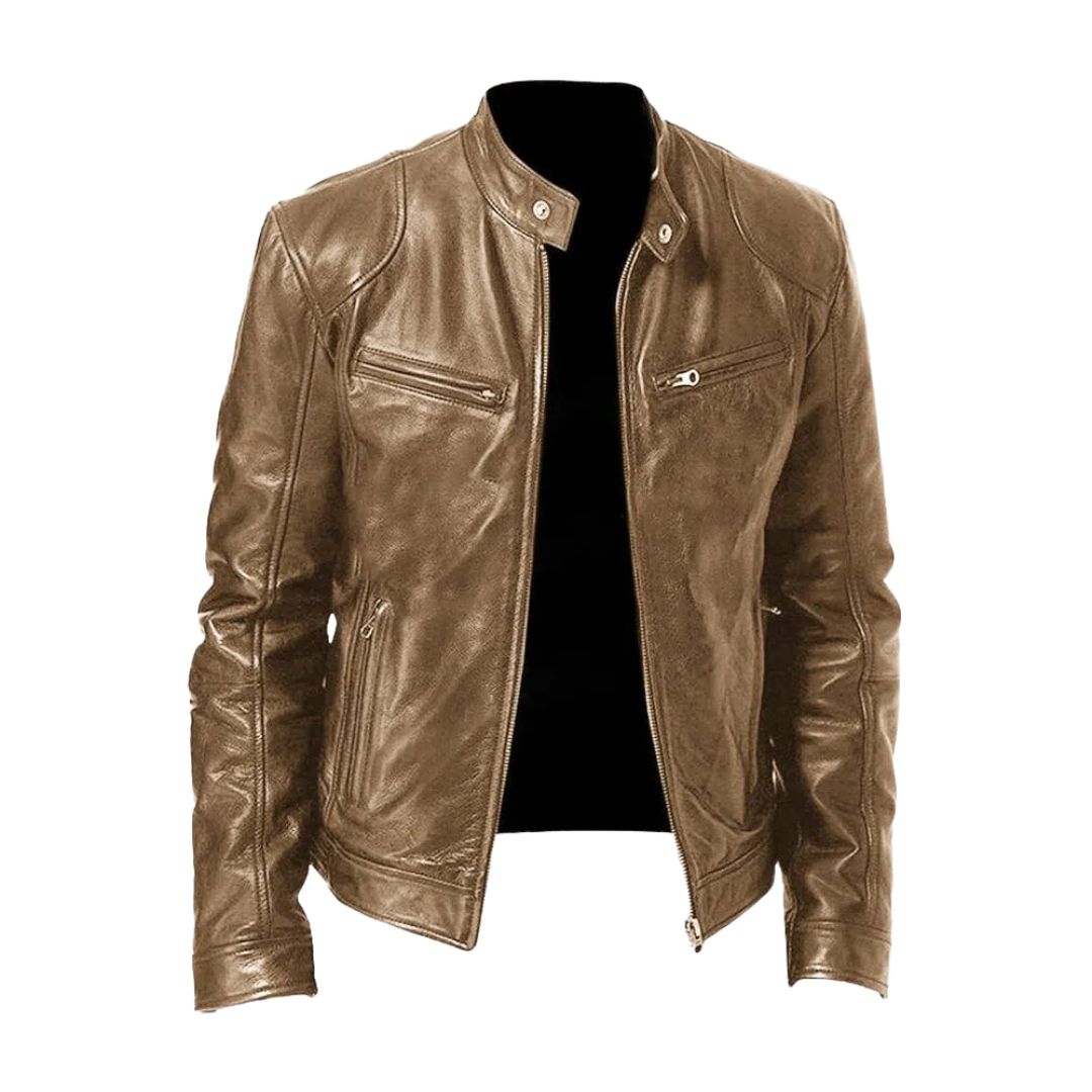 Men's zip-front biker jacket with stand collar and multiple zipped pockets