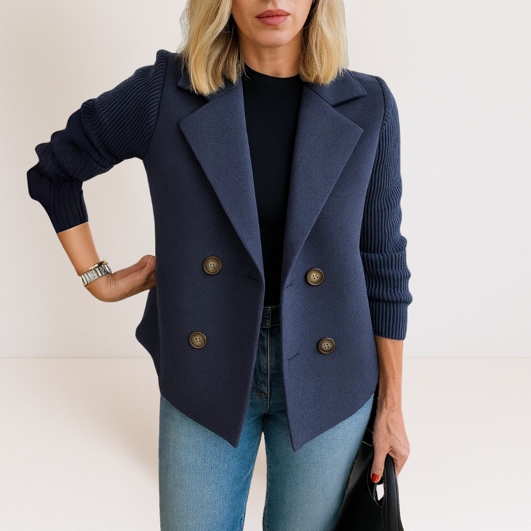 Women's double-breasted blazer with ribbed sleeves and notched lapels