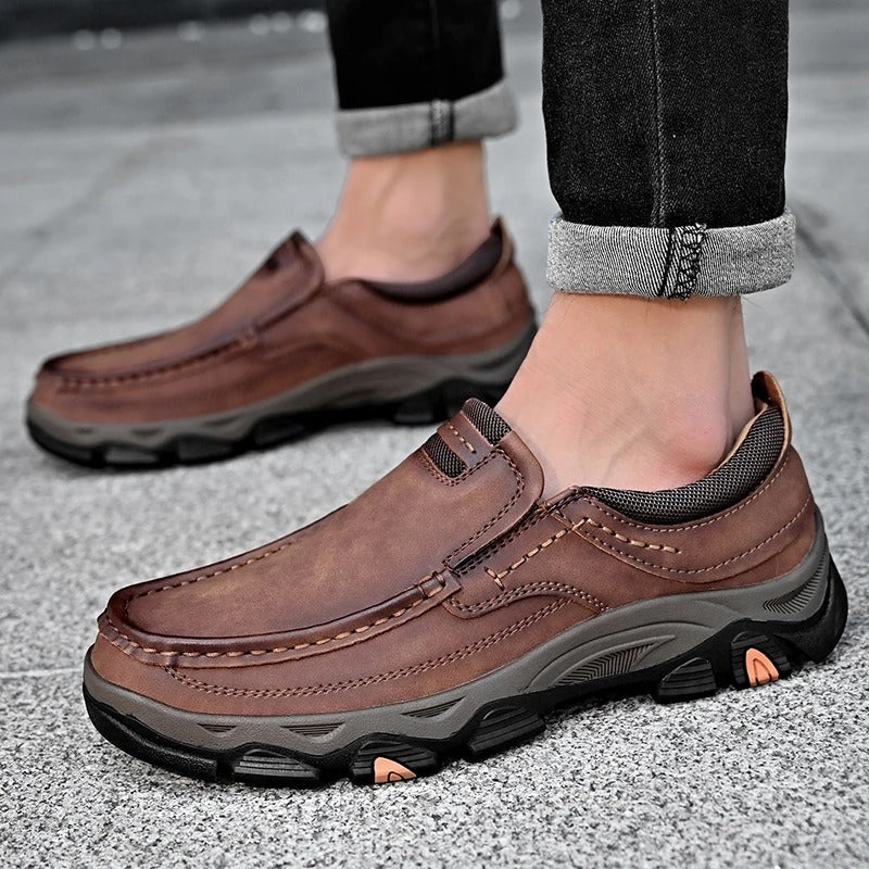 Men's slip-on loafers with moc toe stitching and textured lug soles