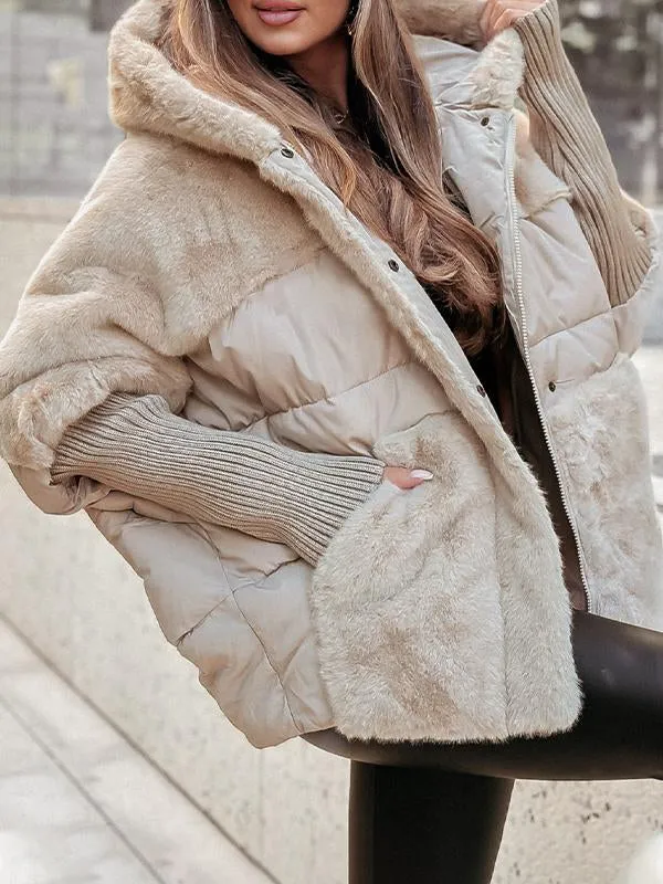 Women's hooded padded jacket with zip front, ribbed cuffs and plush textured trim