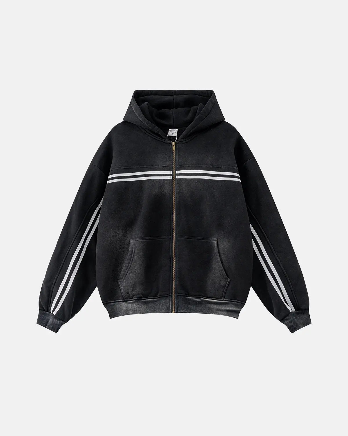 Black hooded zip-up hoodie with white double stripes and front pockets