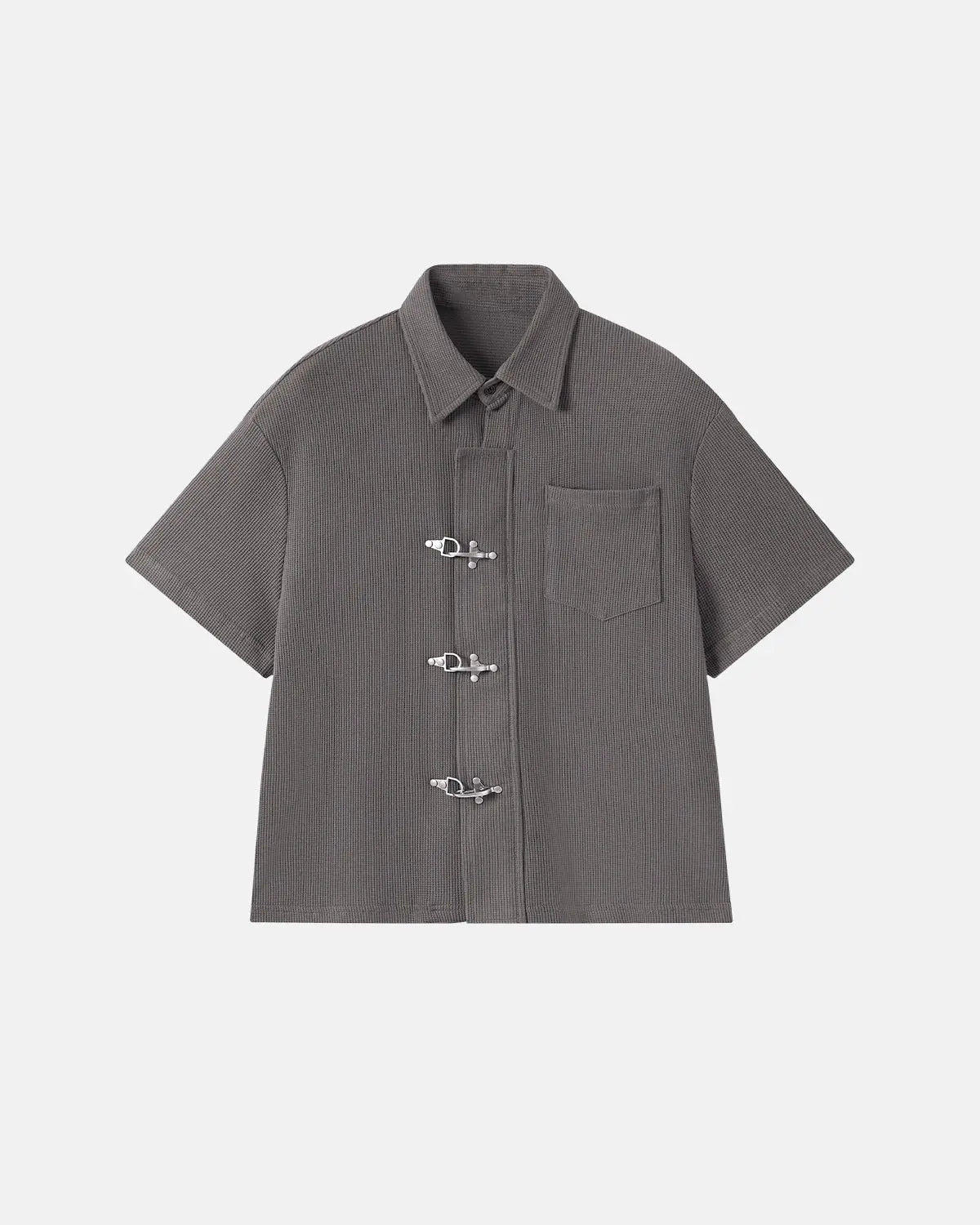 Men's grey waffle-textured short-sleeve shirt with metal clasps and chest pocket
