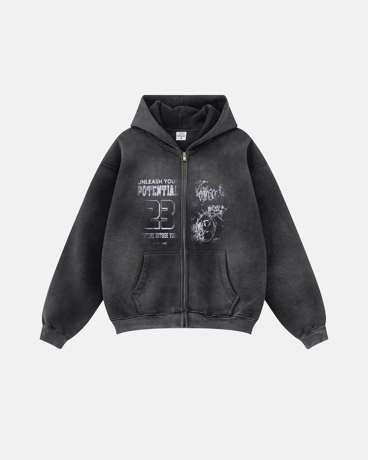 Unisex washed zip-up hoodie with hood and front graphic print