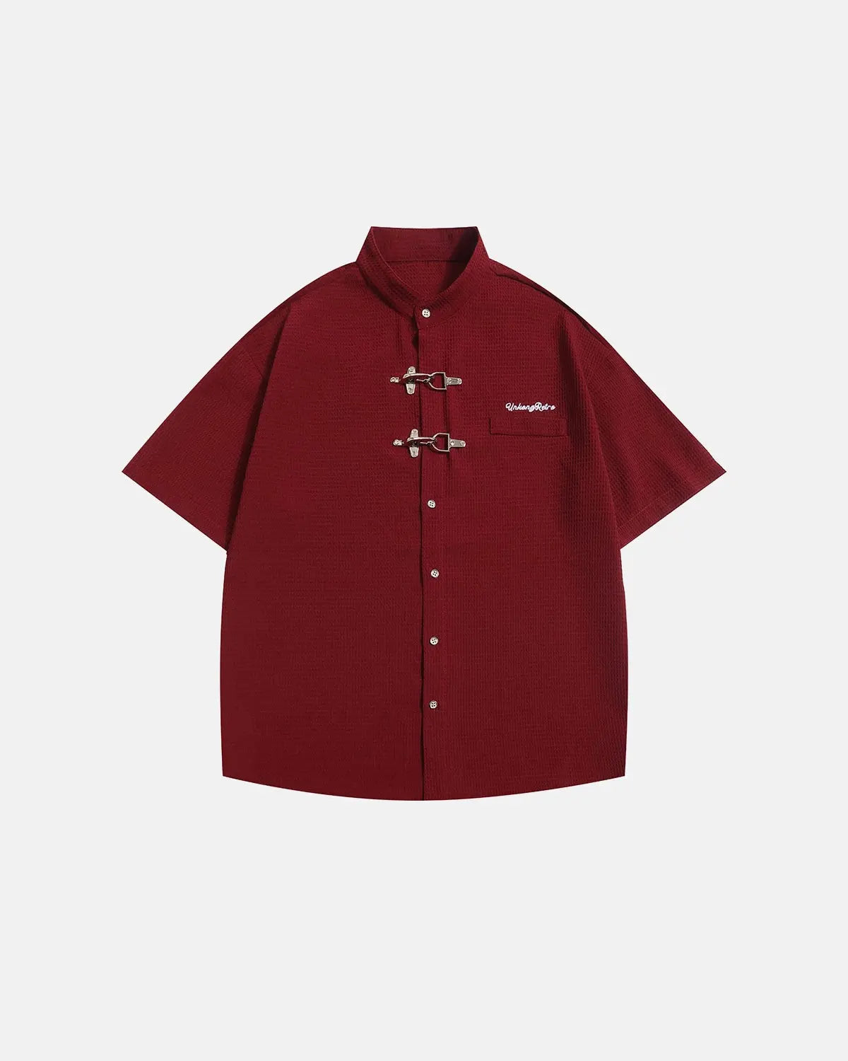 Men's short-sleeve waffle shirt with mandarin collar and metal clasp details