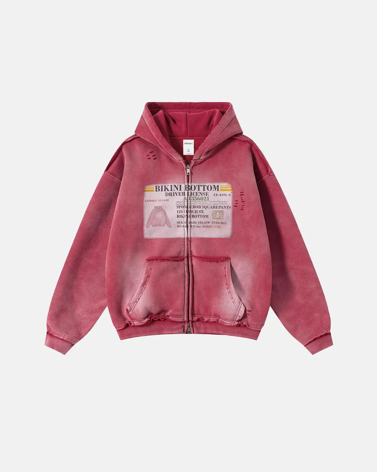 Unisex graphic ripped washed zip-up hoodie with hood and front pockets