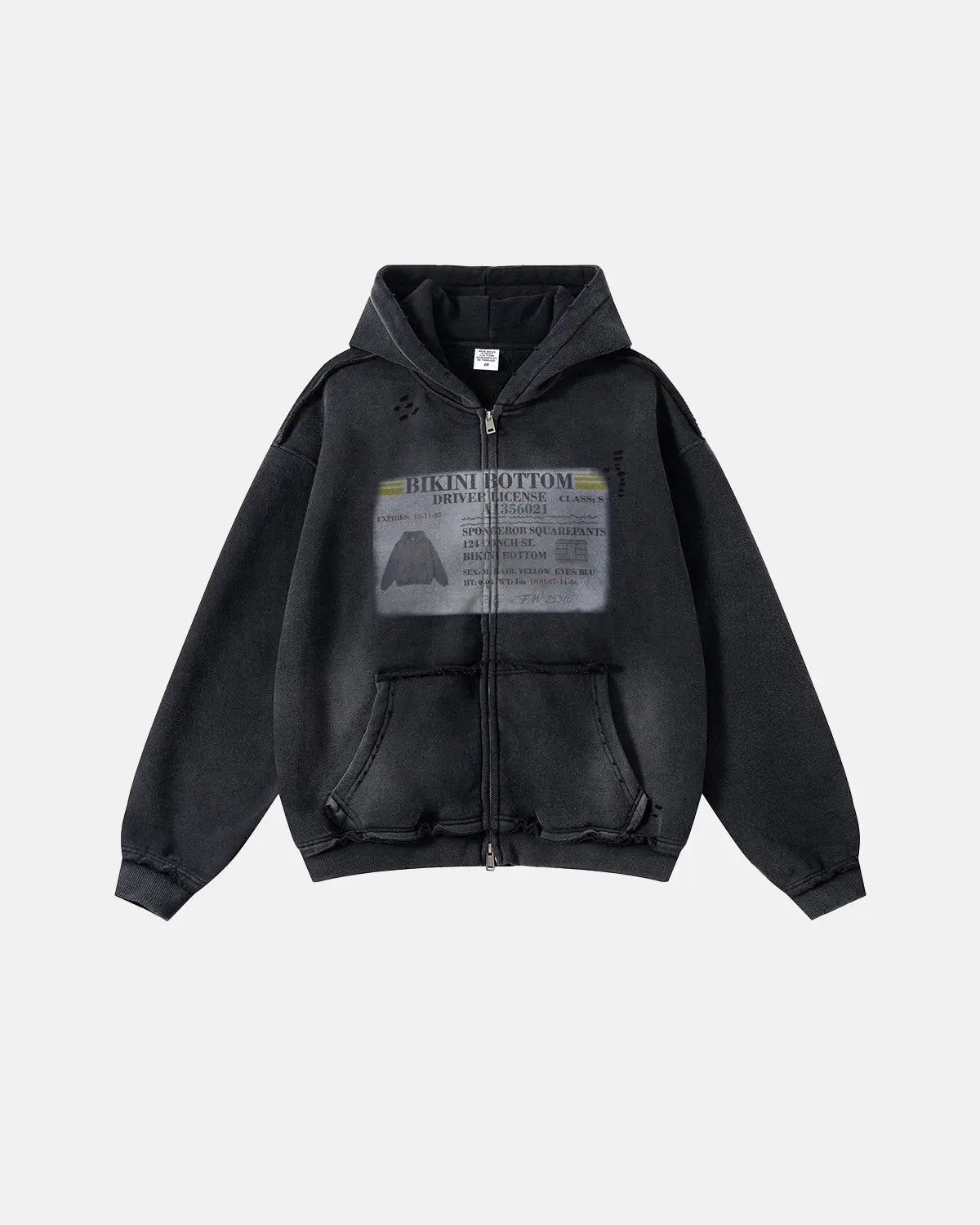 Unisex graphic ripped washed zip-up hoodie with hood and front pockets