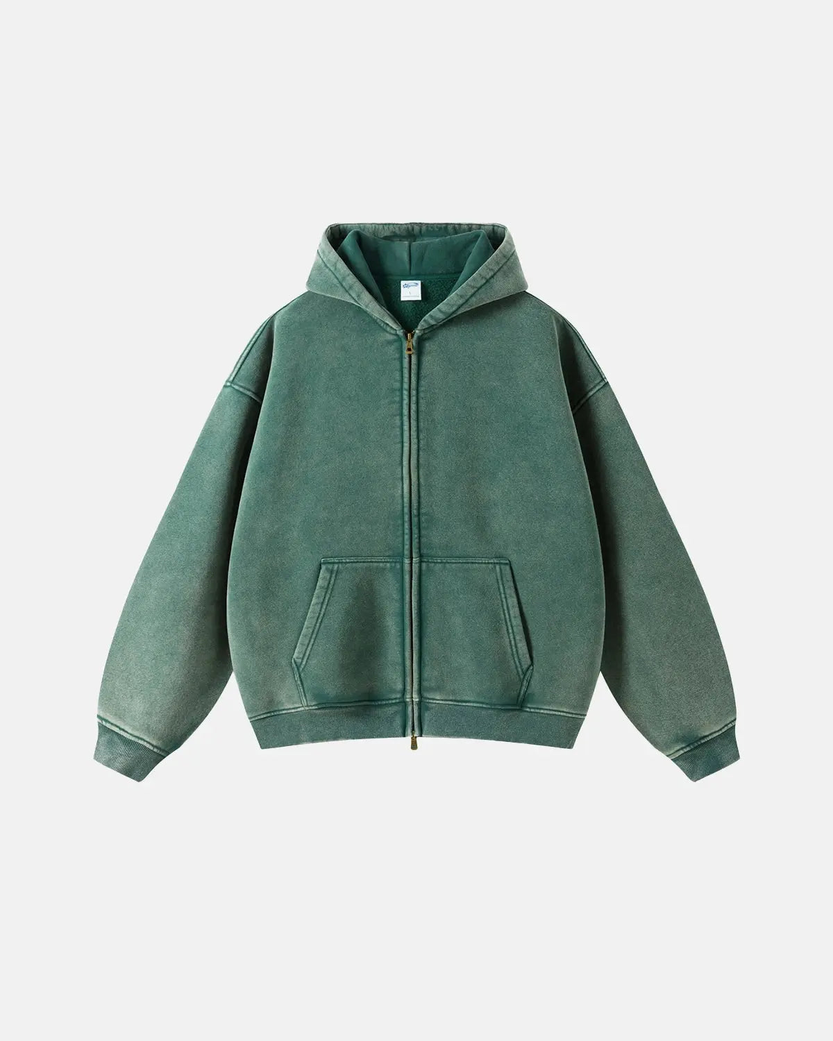 Washed distressed zip-up hoodie with hood, long sleeves and front pouch pocket