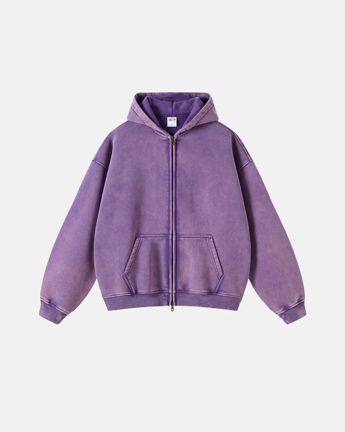 Washed distressed zip-up hoodie with hood, long sleeves and front pouch pocket