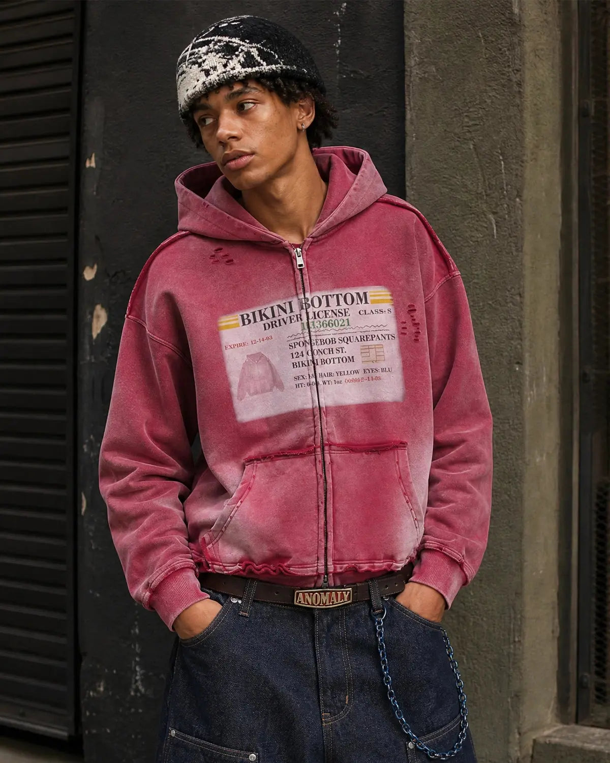 Unisex graphic ripped washed zip-up hoodie with hood and front pockets