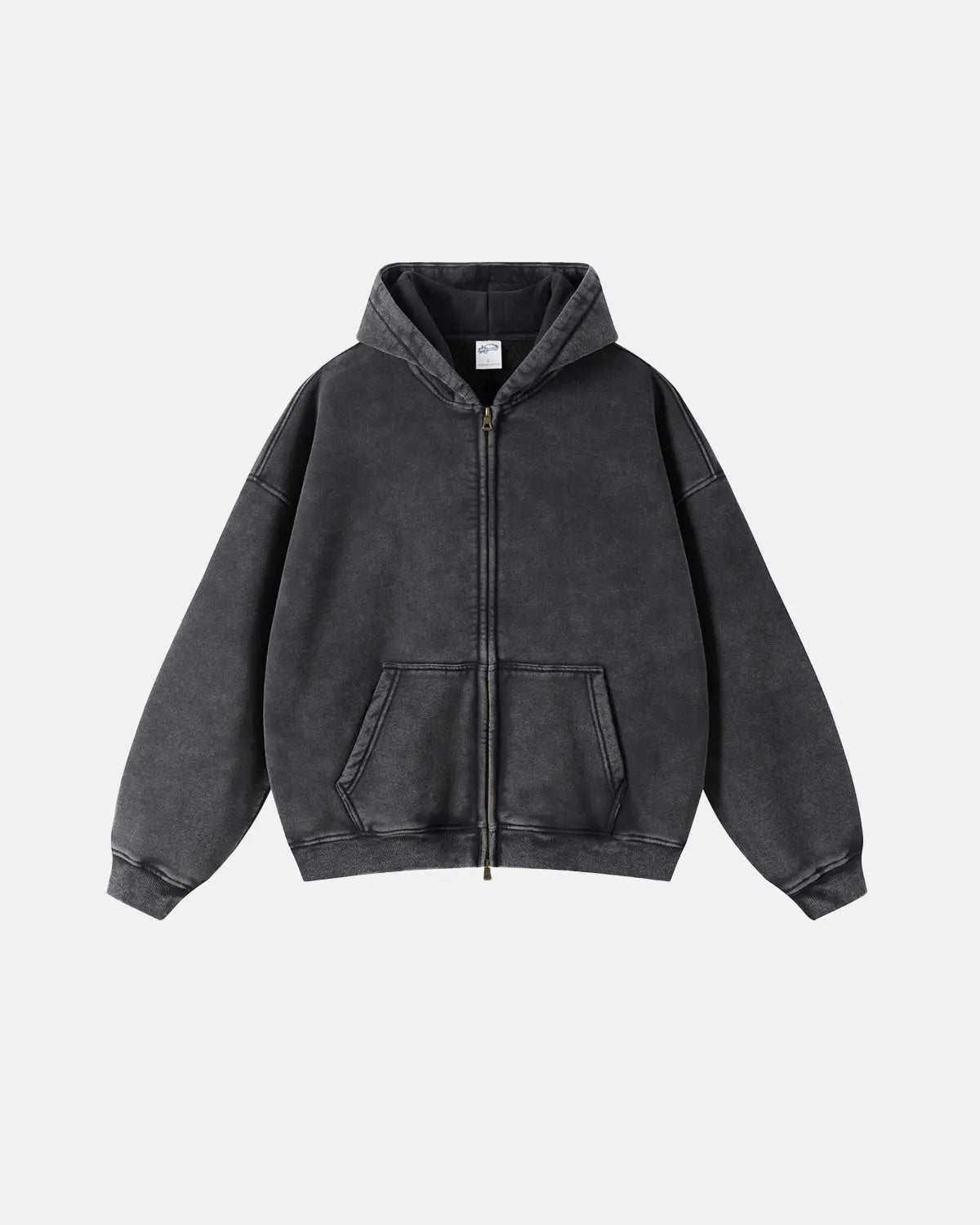 Washed distressed zip-up hoodie with hood, long sleeves and front pouch pocket