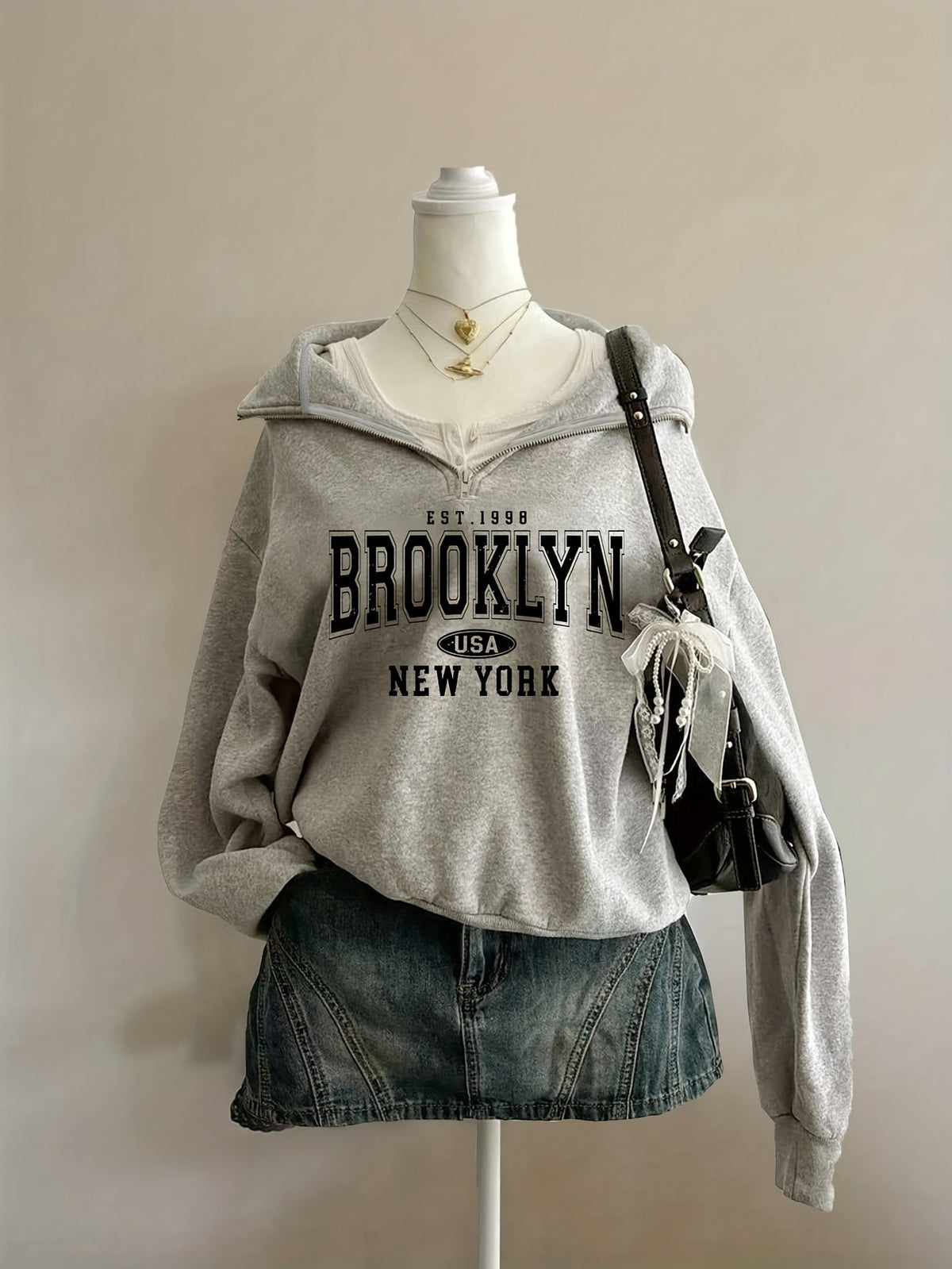 Women's hooded zip hoodie with Brooklyn USA New York front print