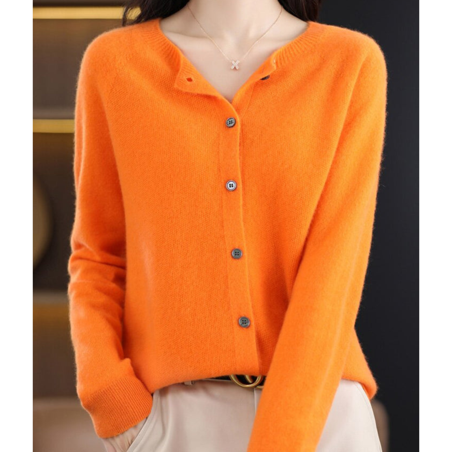 Women's Cardigan Merino Wool V-Neck Long Sleeve - Orange